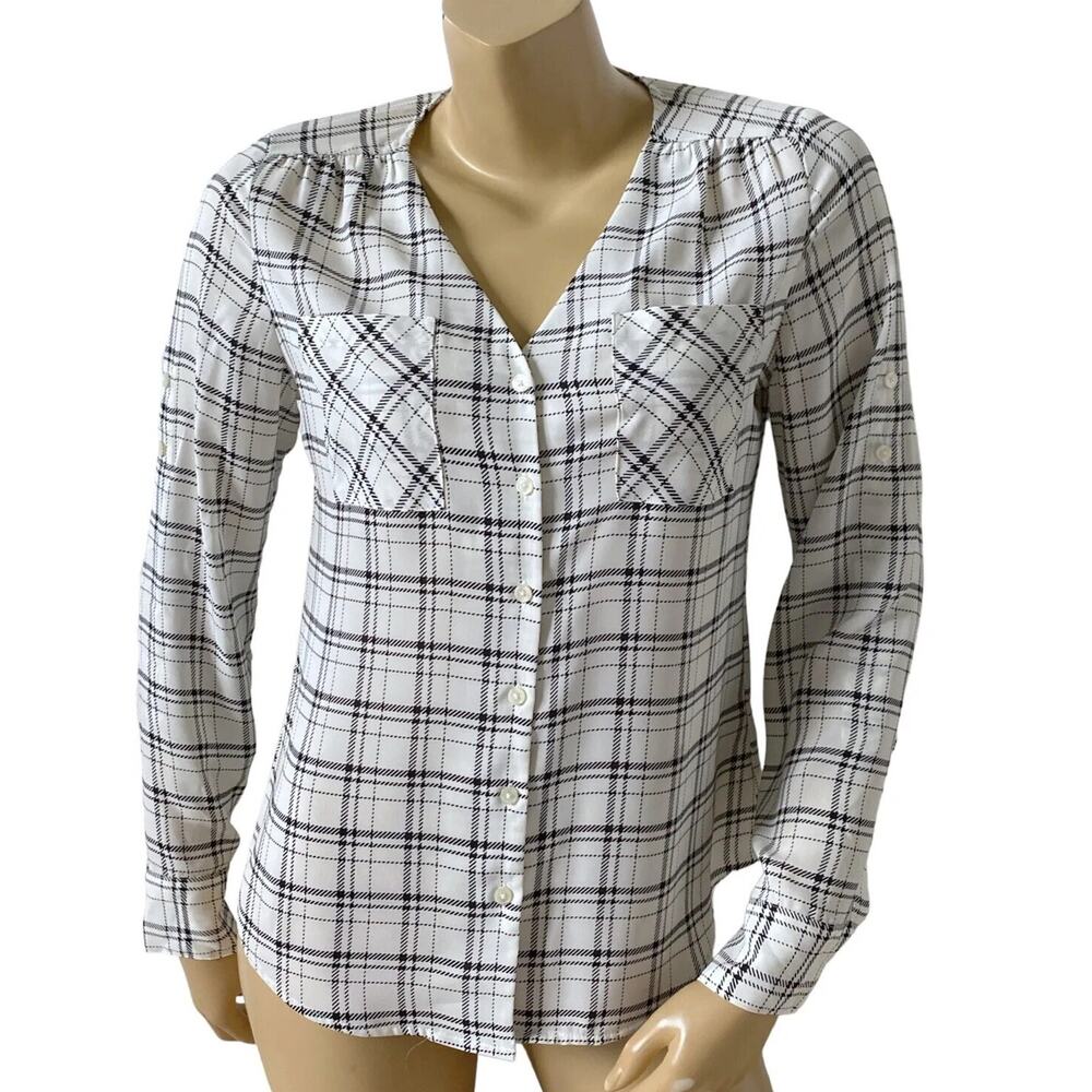 EXPRESS Womens Size XS Black White Plaid Long Sleeve Convertible Button Up Shirt